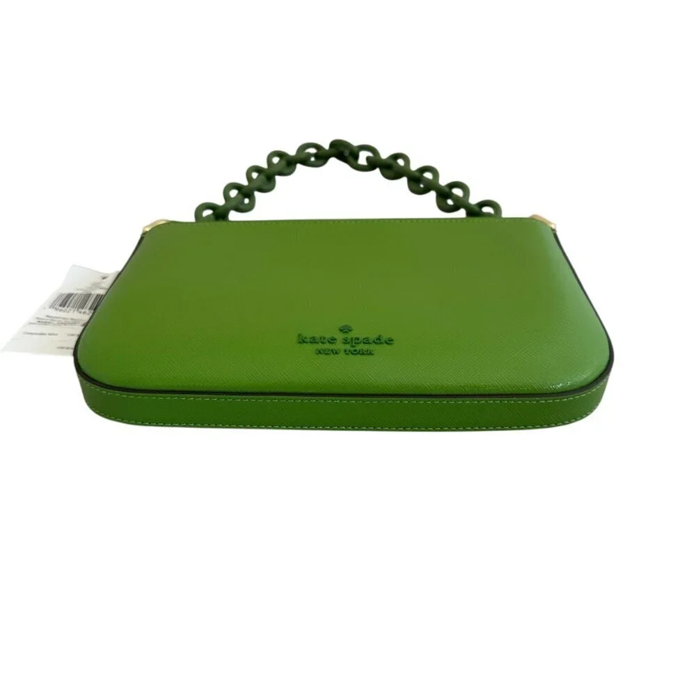 Kate Spade Madison Saffiano Pochette Bag + Card Holder Resin Chain Turtle Green